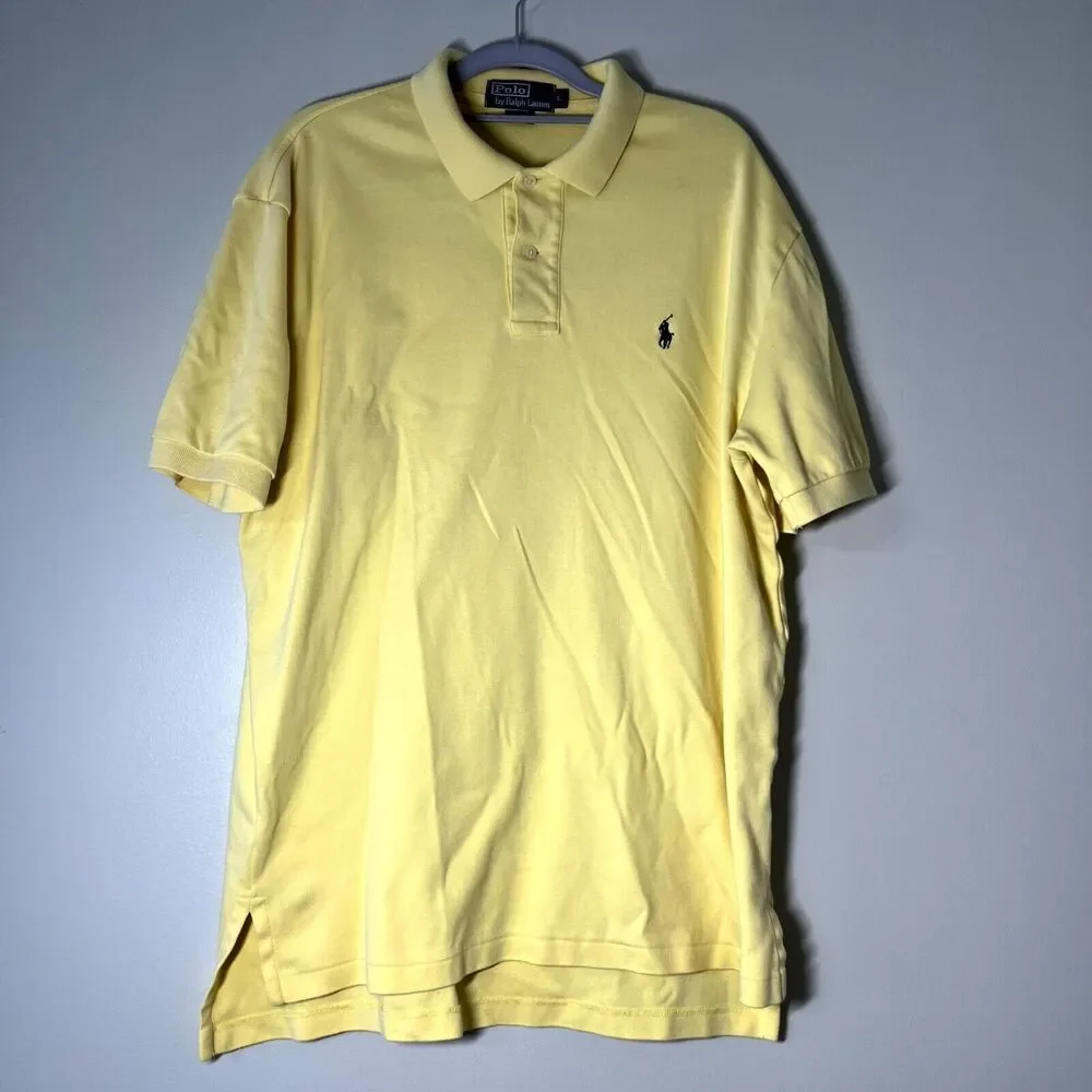 Ralph Lauren Polo Shirt Mens L Yellow Cotton Blue Label Short Sl Preppy Casual